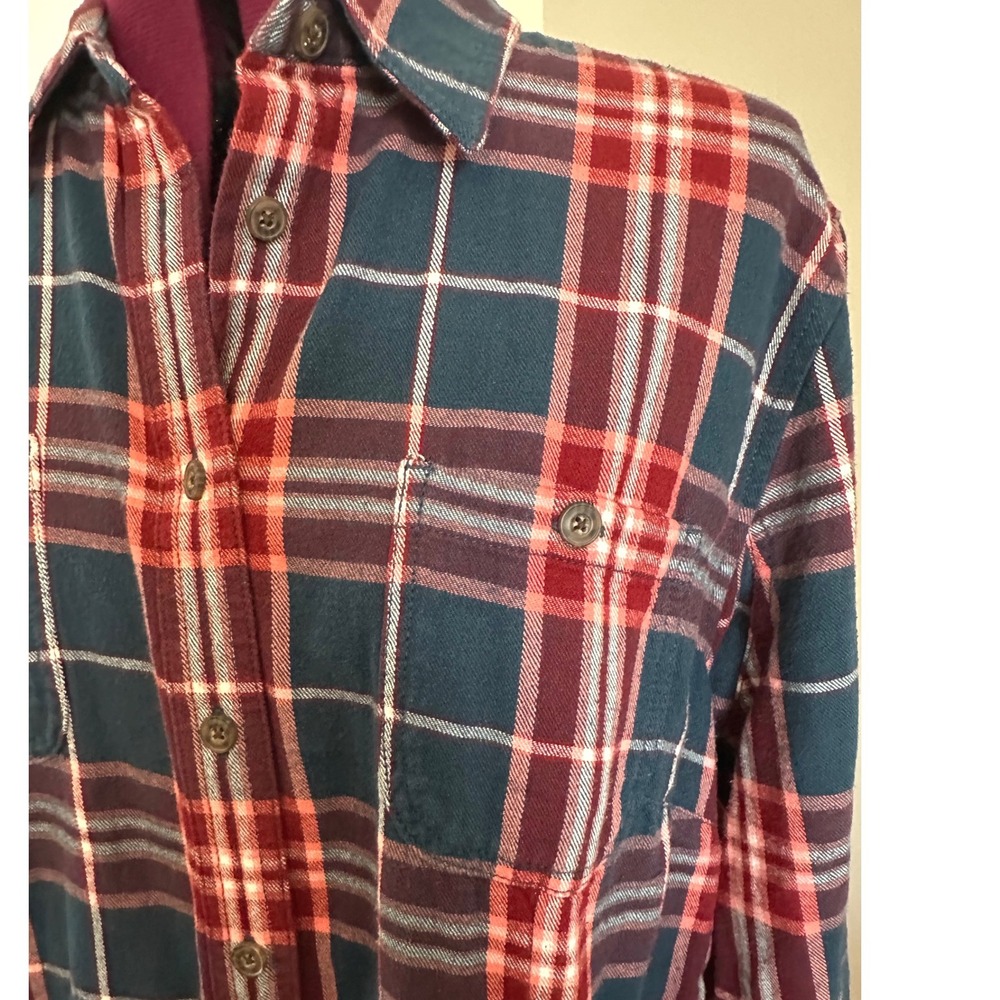Duluth Trading Co Mens XL Plaid Flannel Shirt Teal Burgundy Red Cotton Button Up
